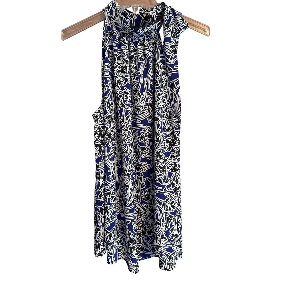 Worthington Women's Blue White Black Floral Halter Neck Sleeveless Top Size L